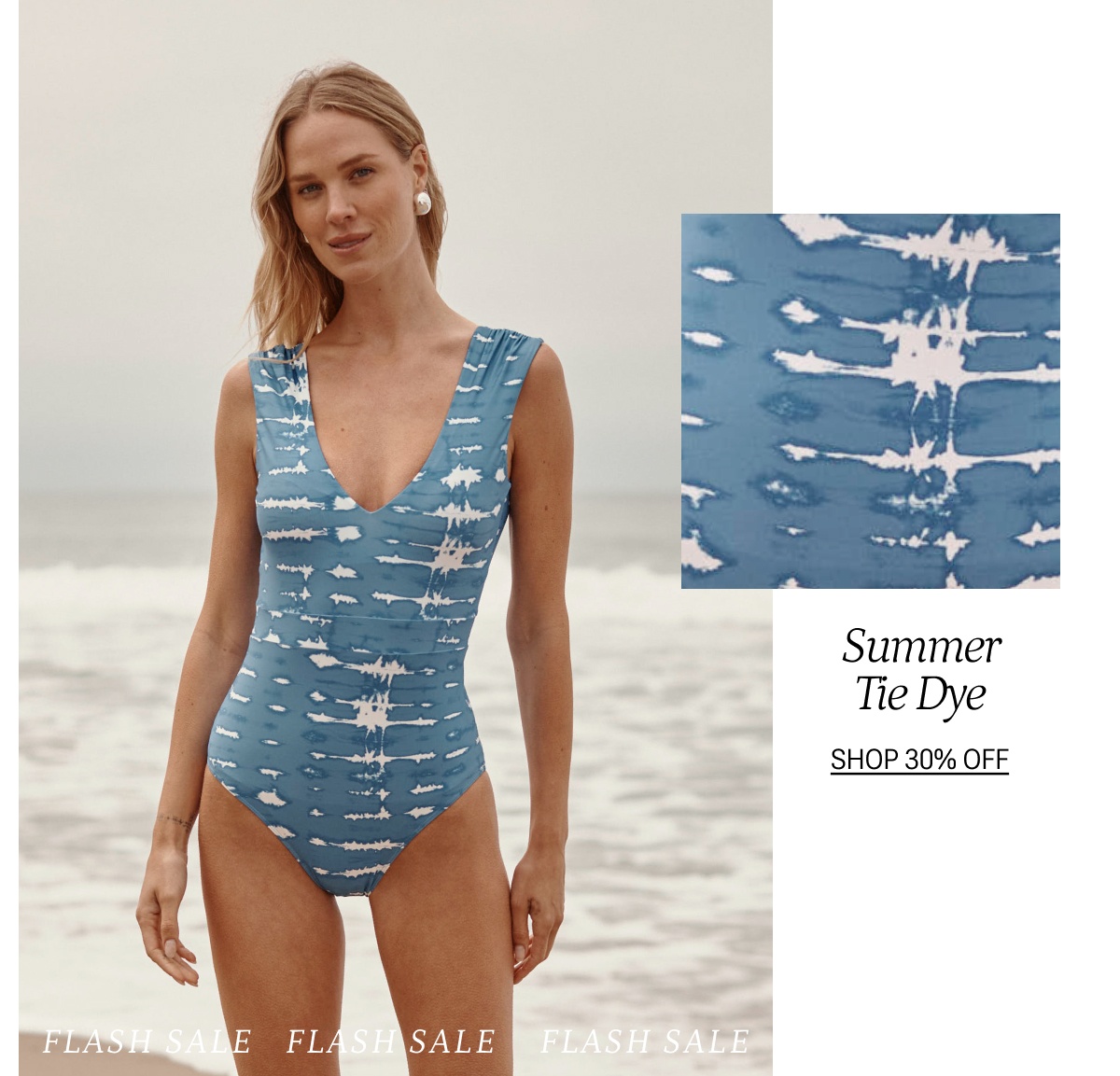 Model in printed one piece swimsuit