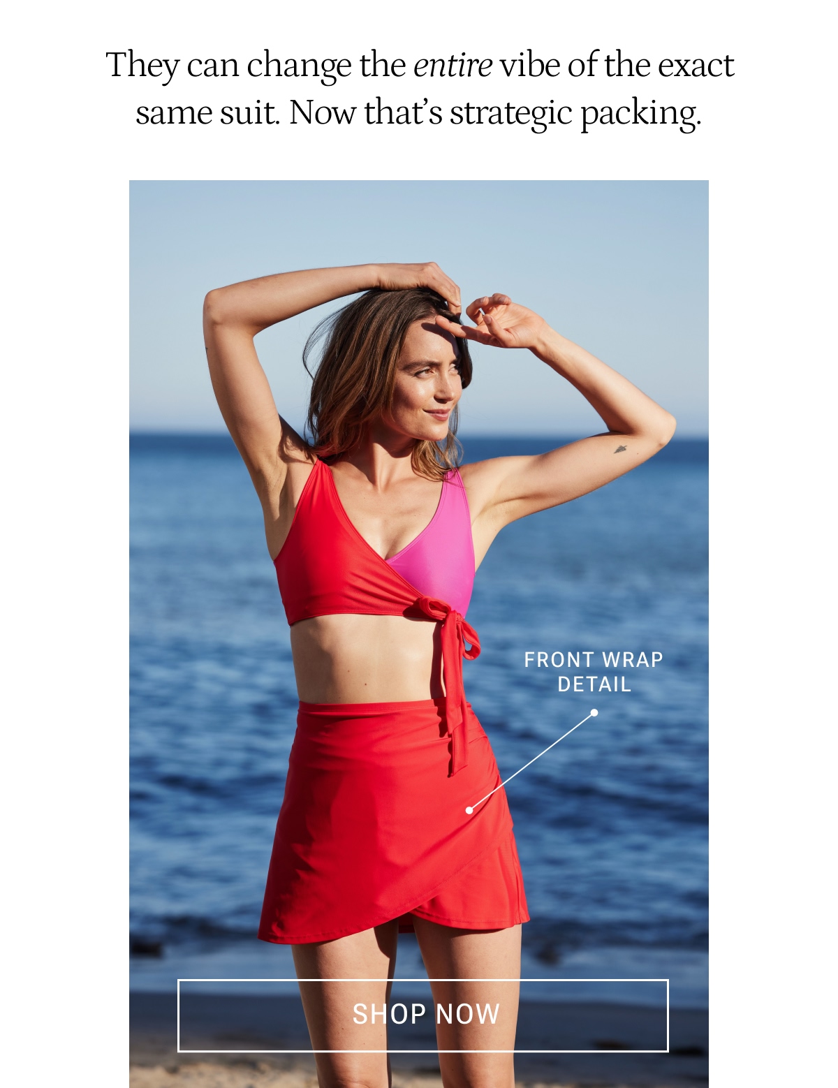 Model in ruched swim skirt and matching bikini top