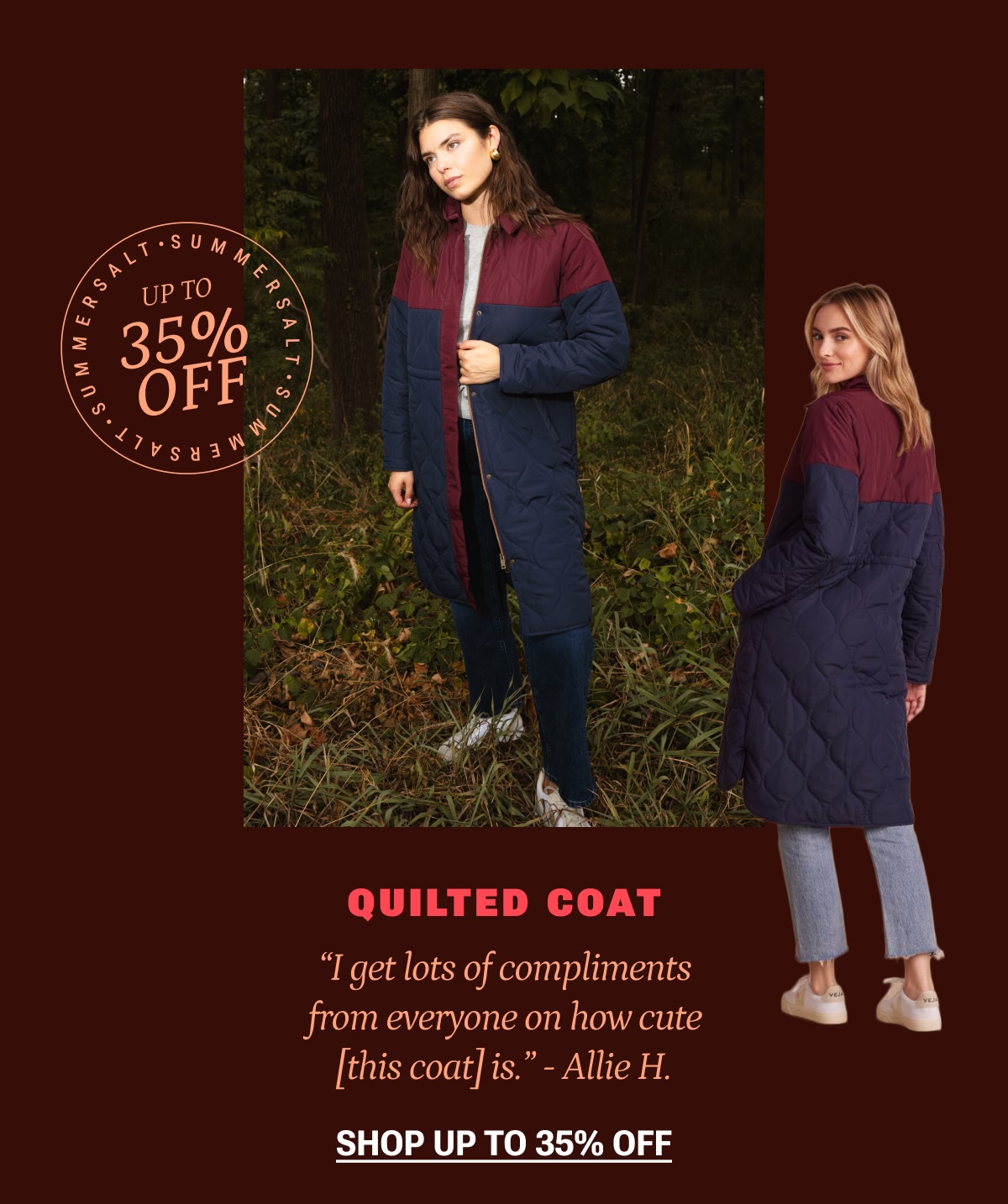 Model in long colorblock quilted jacket