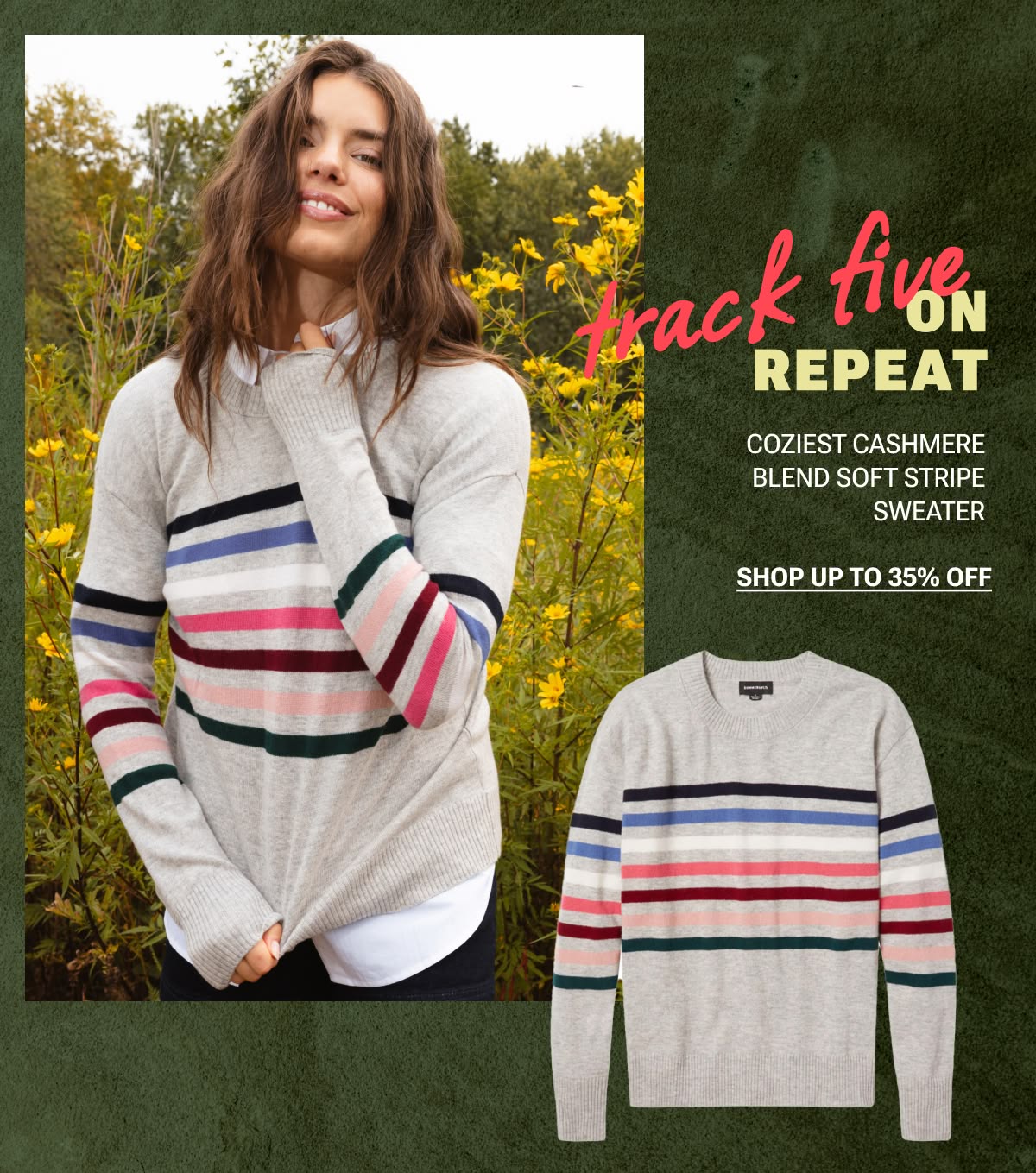 Model in multi-colored striped gray cashmere sweater