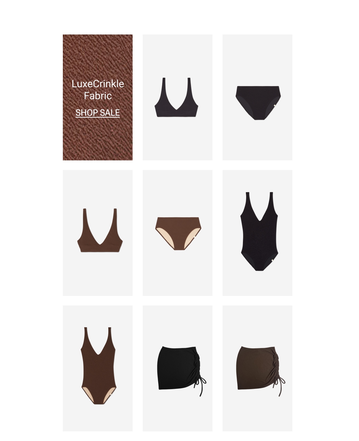 Text: LuxeCrinkle Fabric. Shop Sale. Layflat images of LuxeCrinkle swimwear.