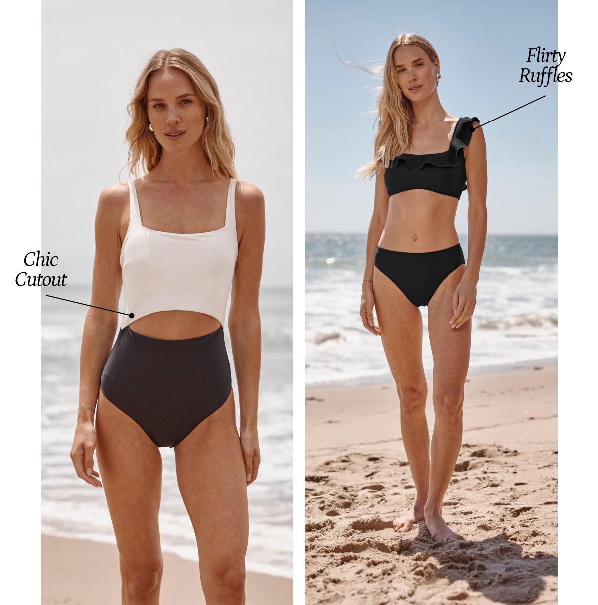 Models in black and white bikini top and one piece swimsuit