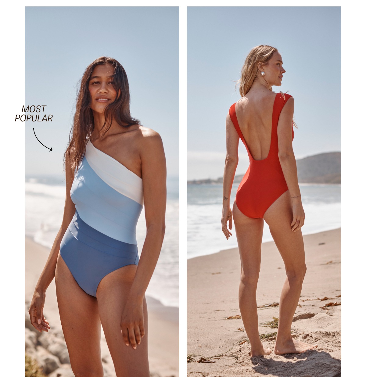Models wearing a blue and white one piece swimsuit and red one piece swimsuit on the beach 