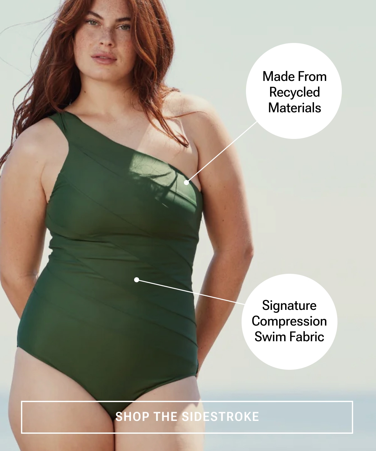 Model in olive green one piece swimsuit