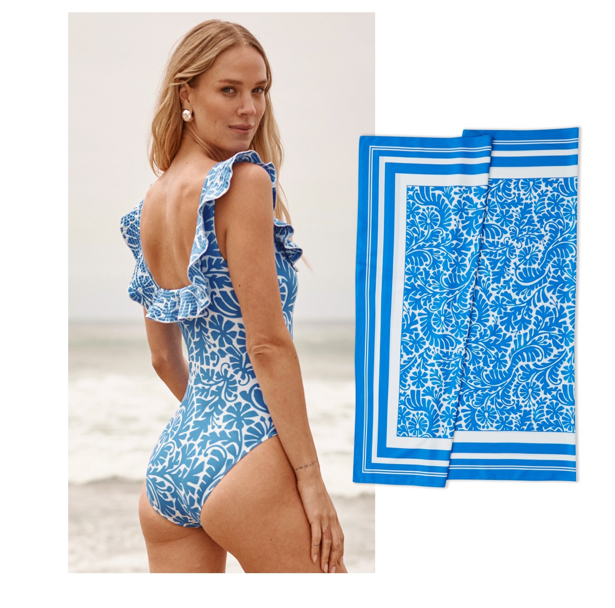 Model wearing a blue floral print one piece swimsuit
