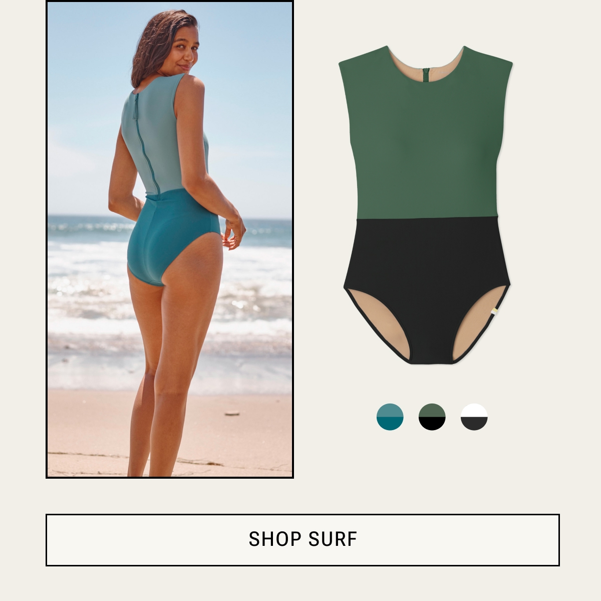 Model in blue high neck one piece swimsuit