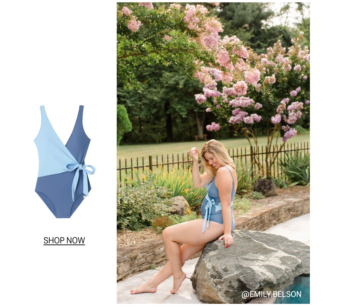 Model wearing a baby blue one piece wrap swimsuit at the pool