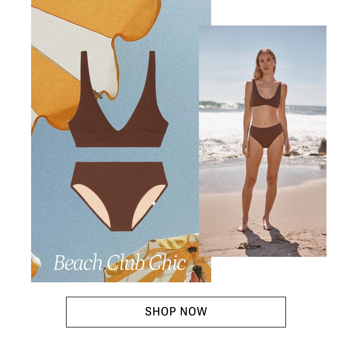 Model in matching brown crinkle bikini top and bottom