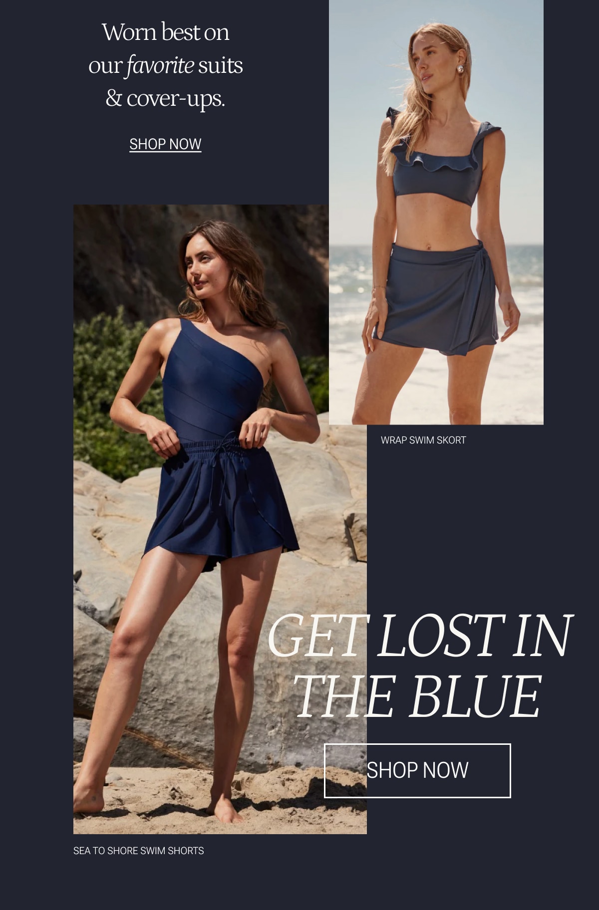Models in navy blue cover-ups matching their swimsuits