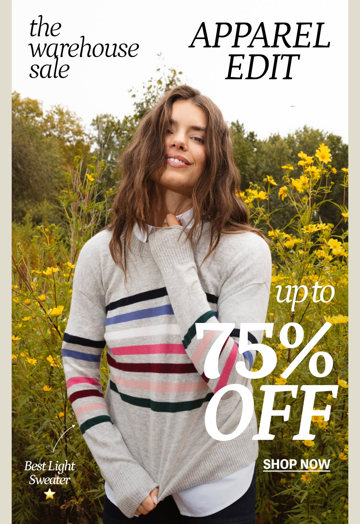 Model in gray and colored striped cashmere sweater