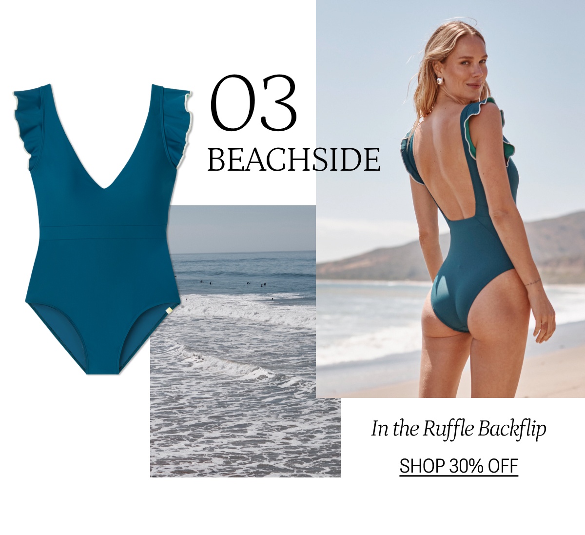 Model in teal one piece swimsuit