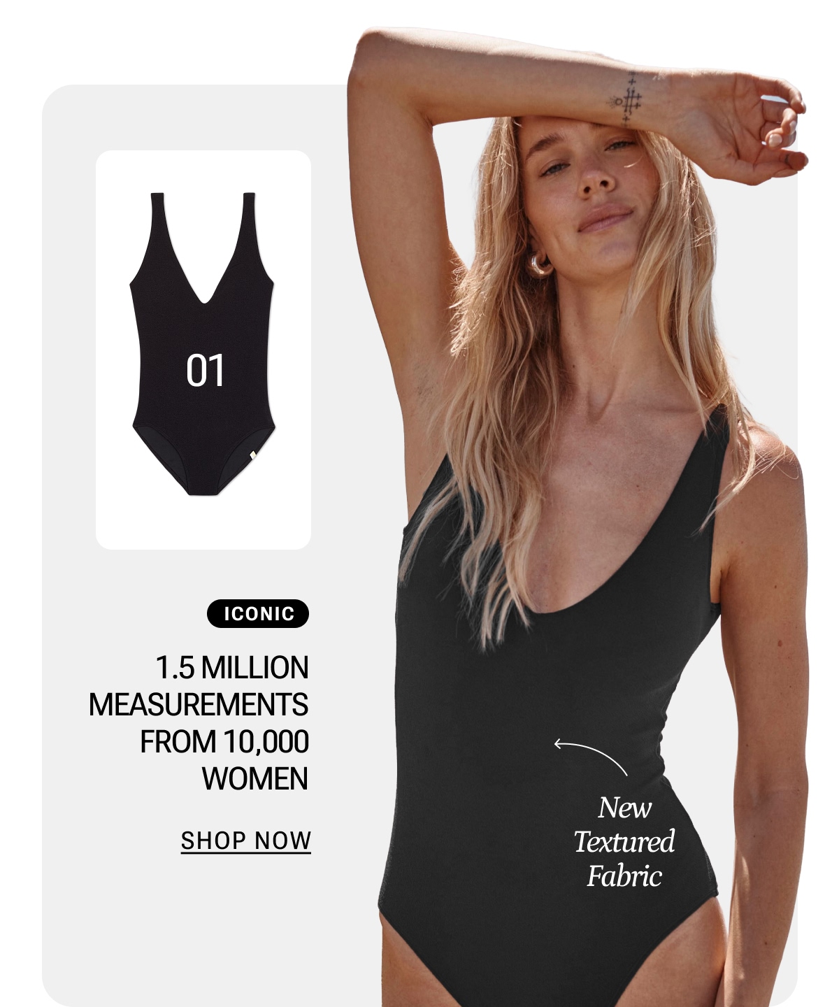 Model in black crinkle one piece swimsuit 