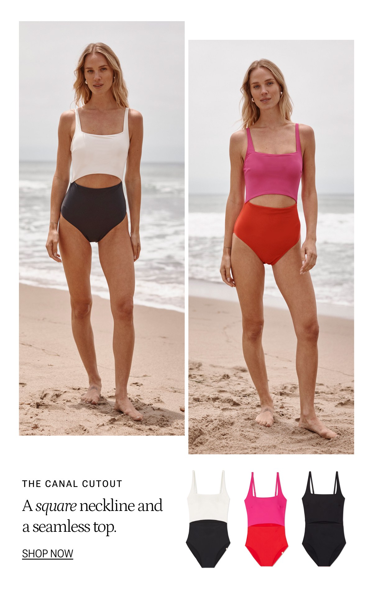 Models wearing cutout one piece swimsuits