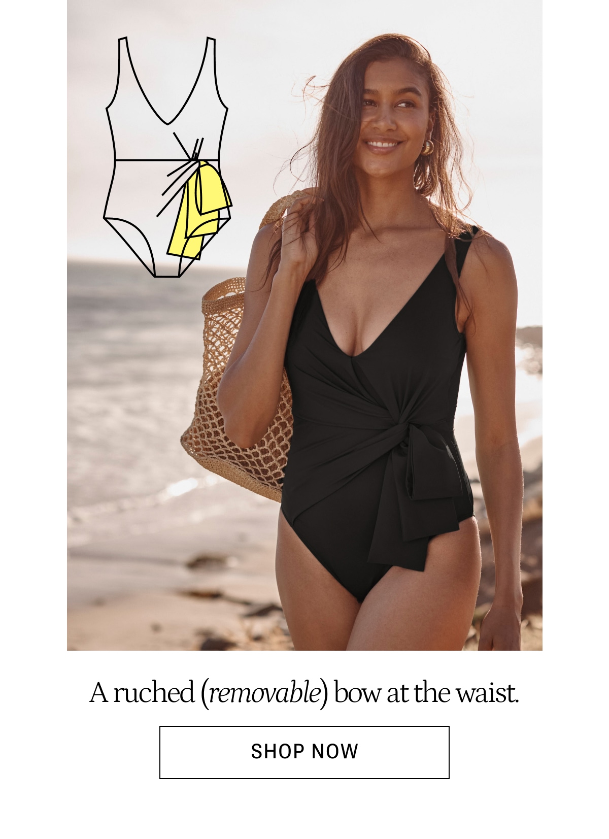 Model in black bow backflip swimsuit