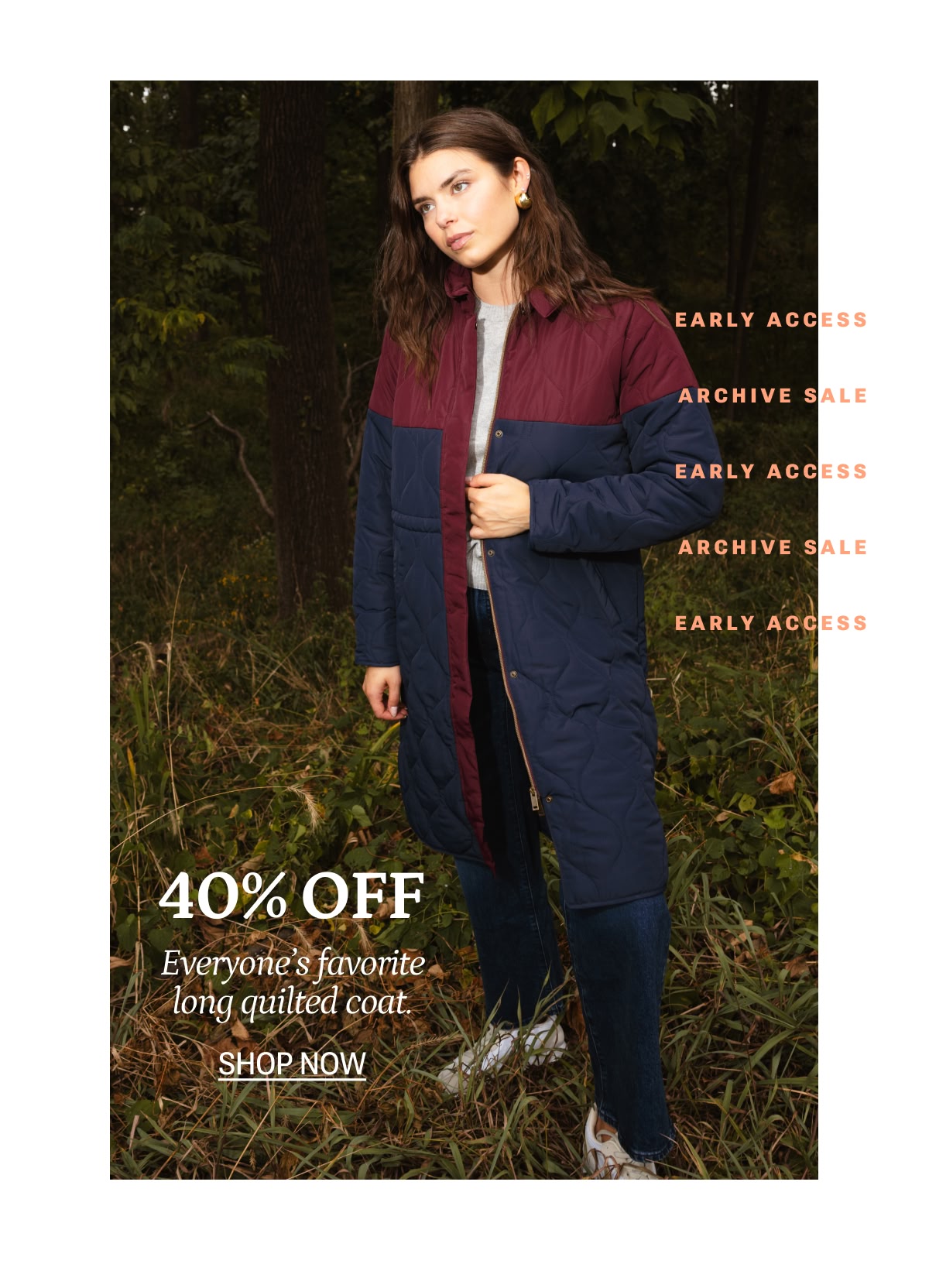 Model in colorblock quilted coat