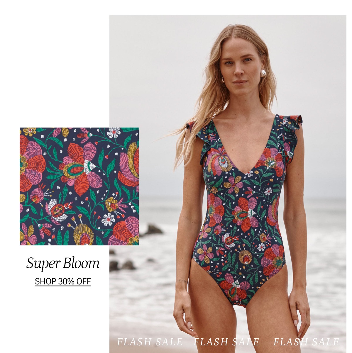 Model in printed one piece swimsuit