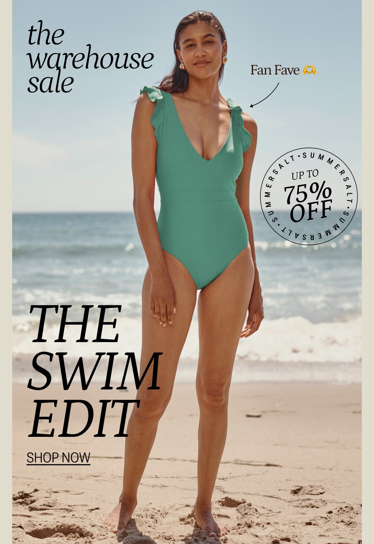 Model in jade green one piece swimsuit