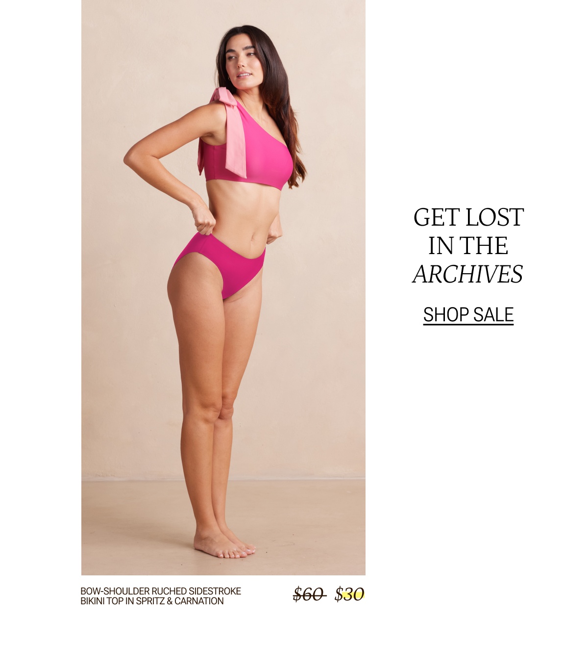 Model wearing matching pink bikini top and bottom