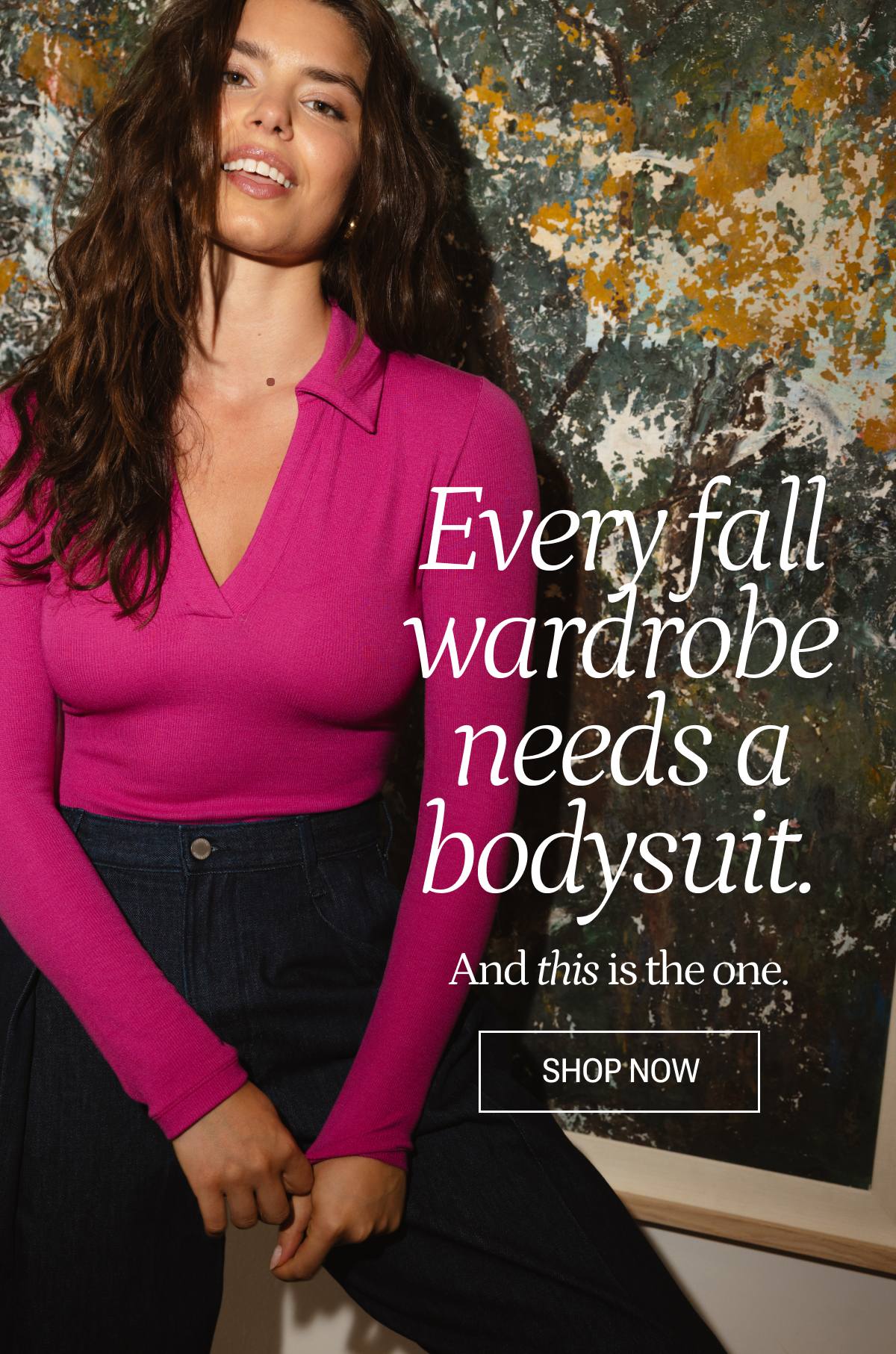 Model in pink collard bodysuit