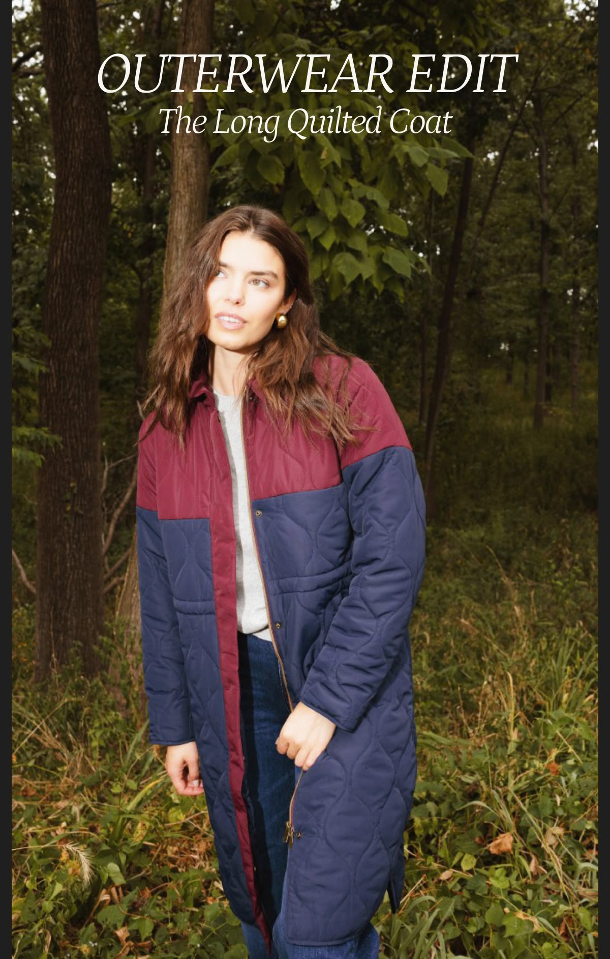 Model in navy blue and red quilted coat