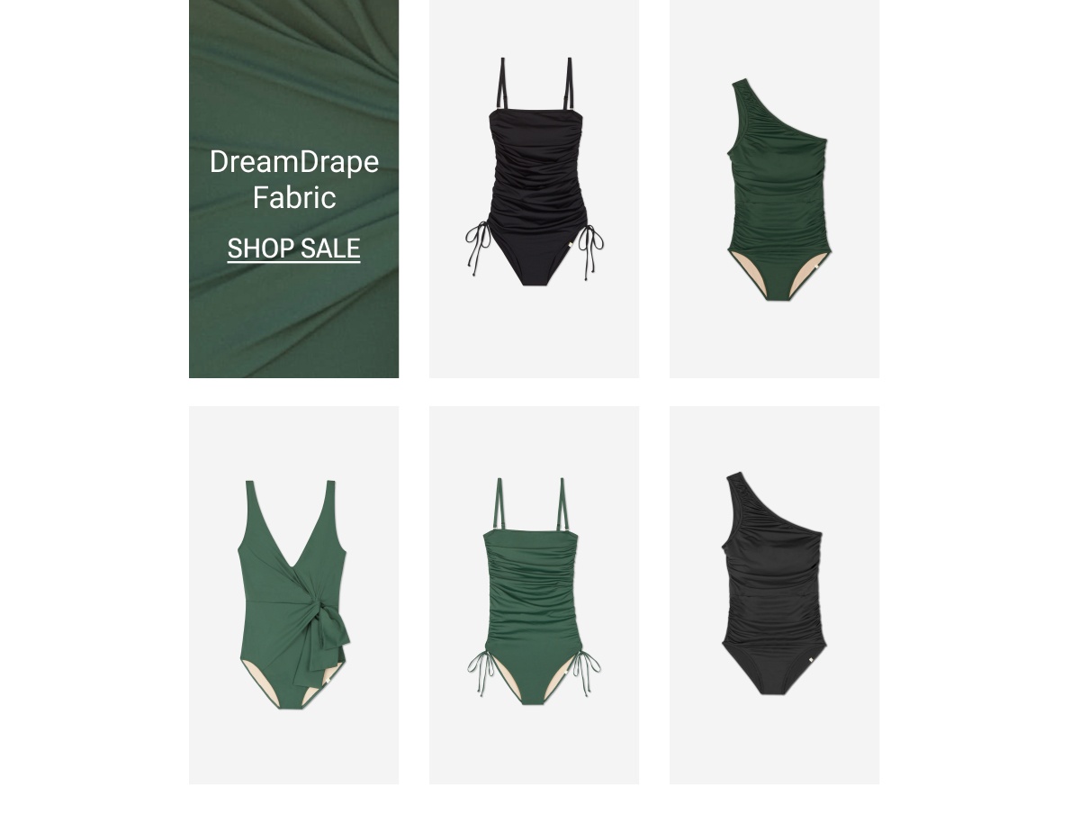 Text: DreamDrape Fabric. Shop Now. Layflat images of DreamDrape swimwear.