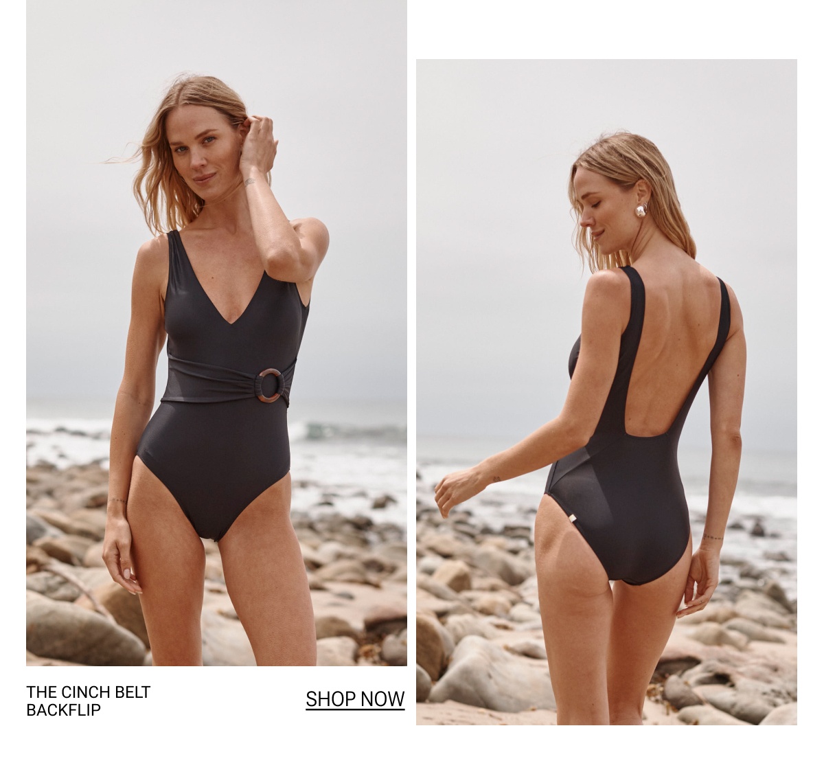 Model in black cinch belted one piece swimsuit