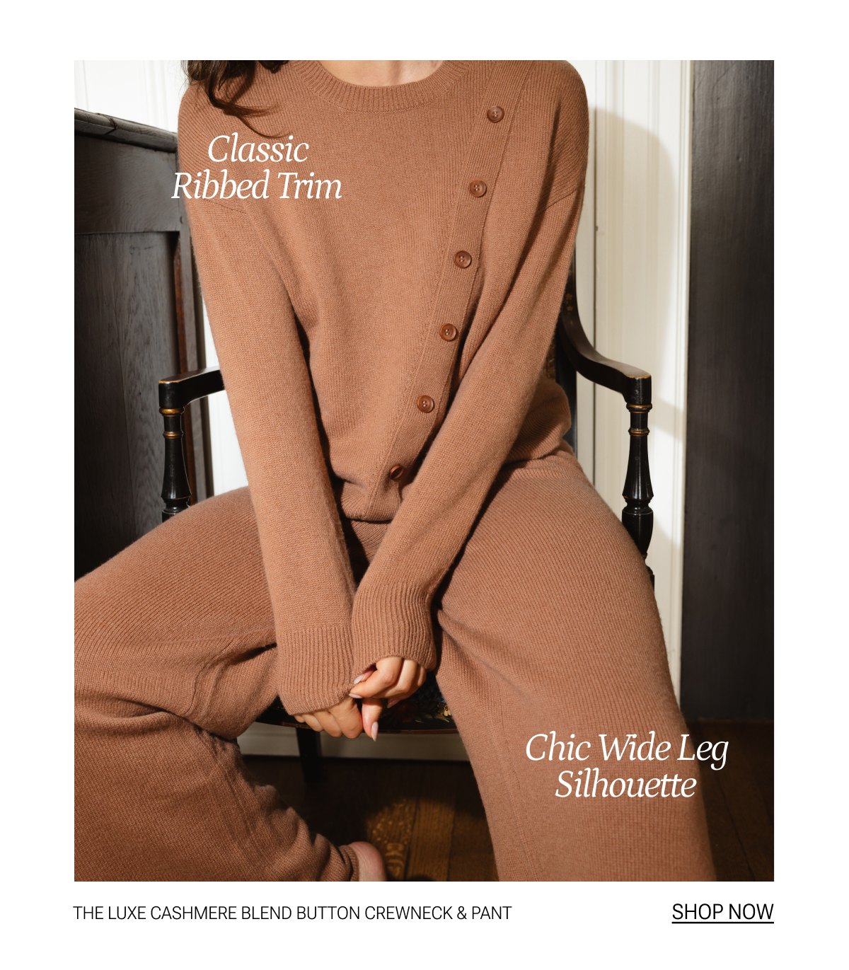 Model in cashmere crewneck and matching pant set