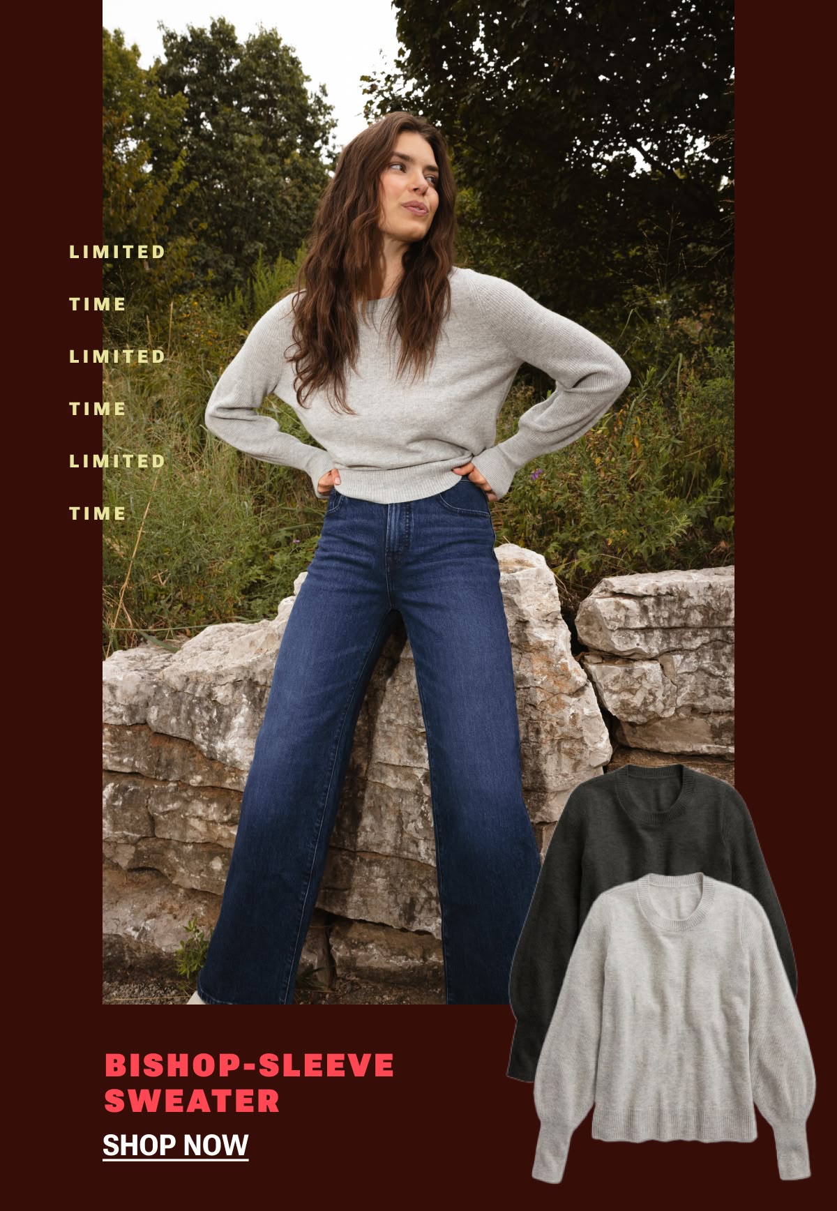 Model in gray cashmere sweater and denim