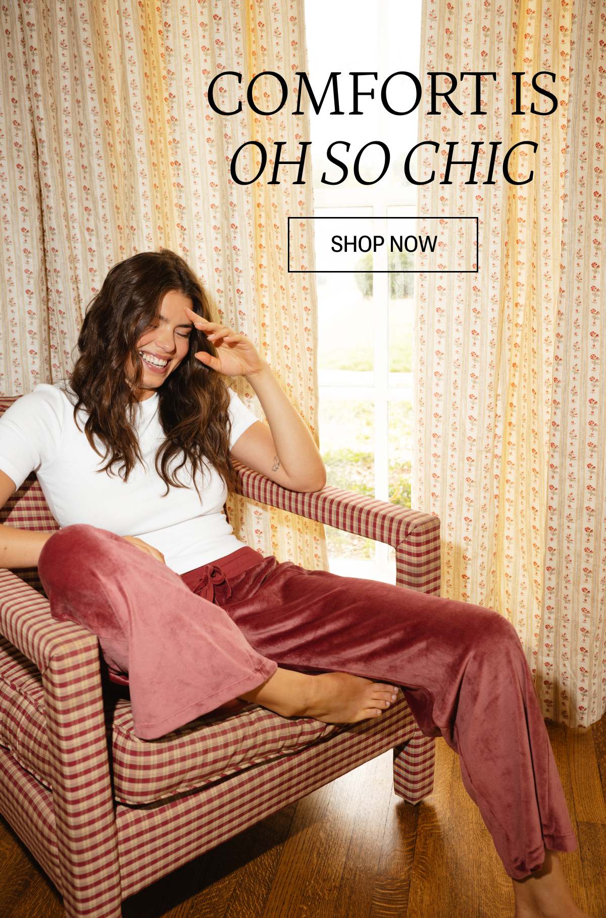 Model in rosewood velour lounge pants and t-shirt