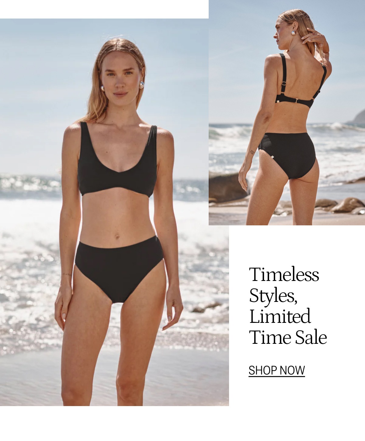Model in black tide scoop LuxeCrinkle bikini top and bottom