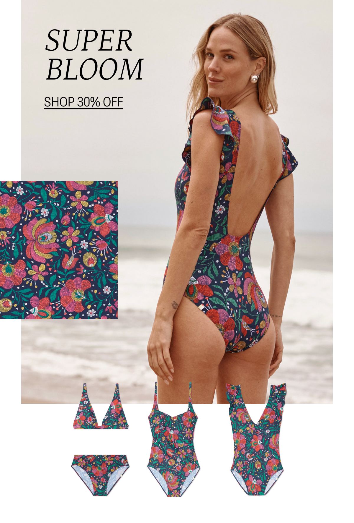 Model wearing a super bloom print one piece swimsuit