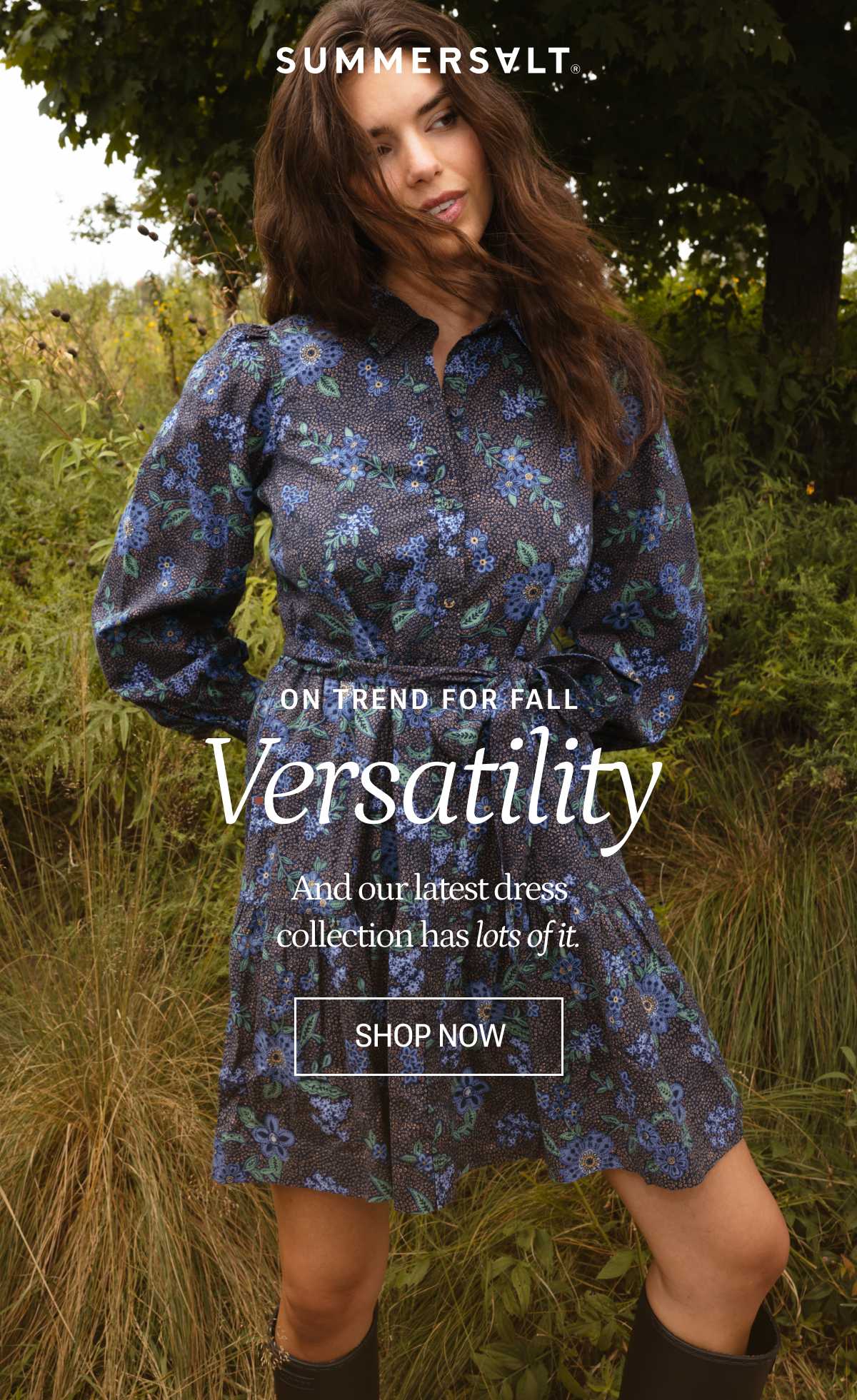 Model in blue floral fall dress