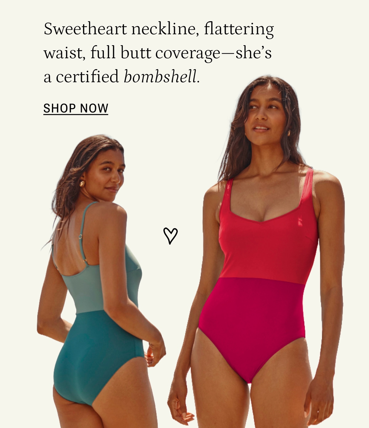 Models in bright colored one piece swimsuits