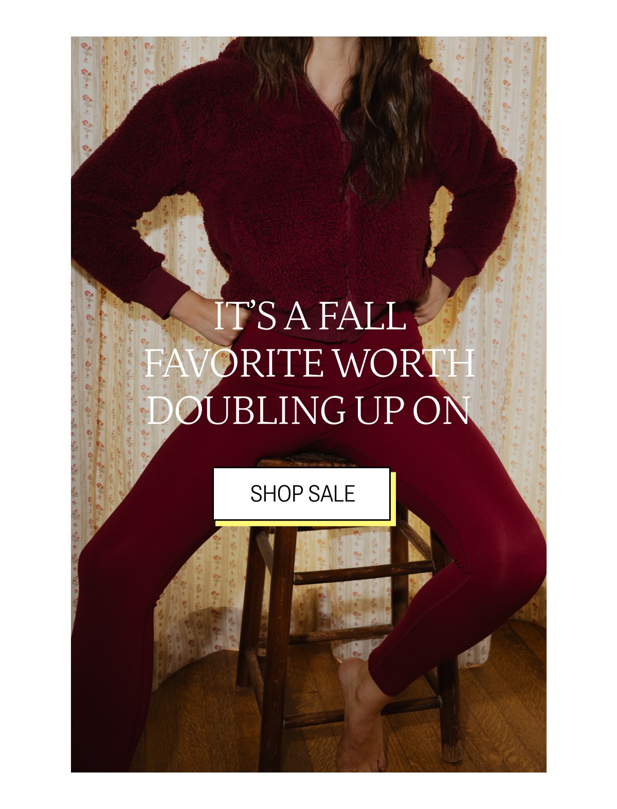 Model in pinot colored fleece jacket and matching leggings