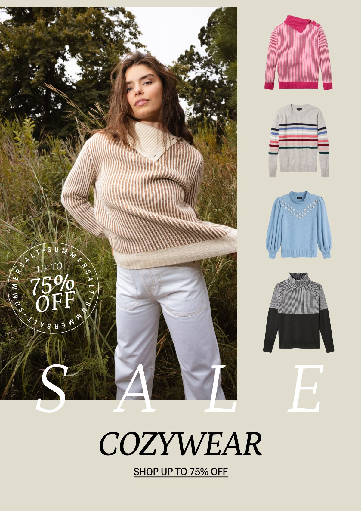 Model in cream and tan striped cashmere sweater