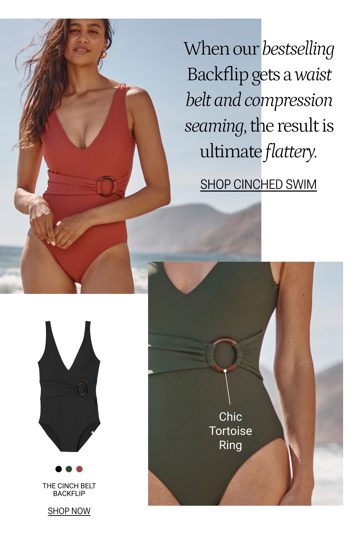 Model in olive green and sedona red cinch belted one piece swimsuit