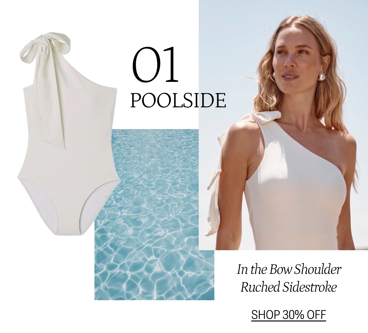 Model in white bow shoulder one piece swimsuit