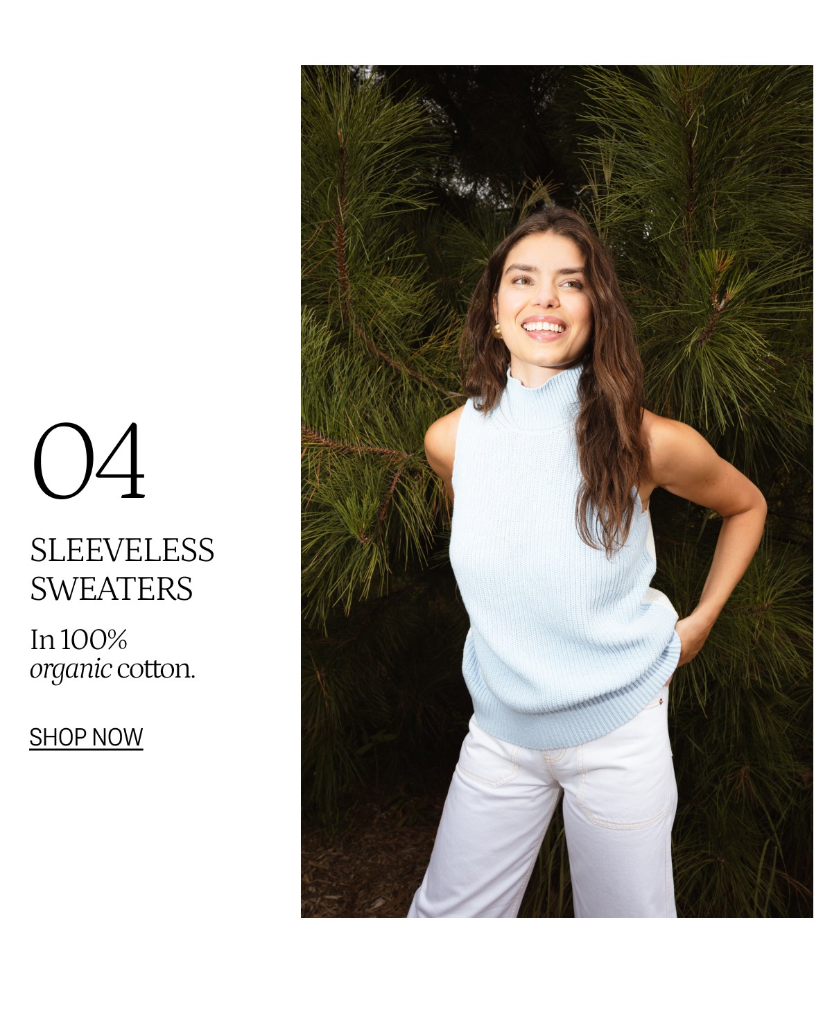 Model in light blue sleeveless sweater vest