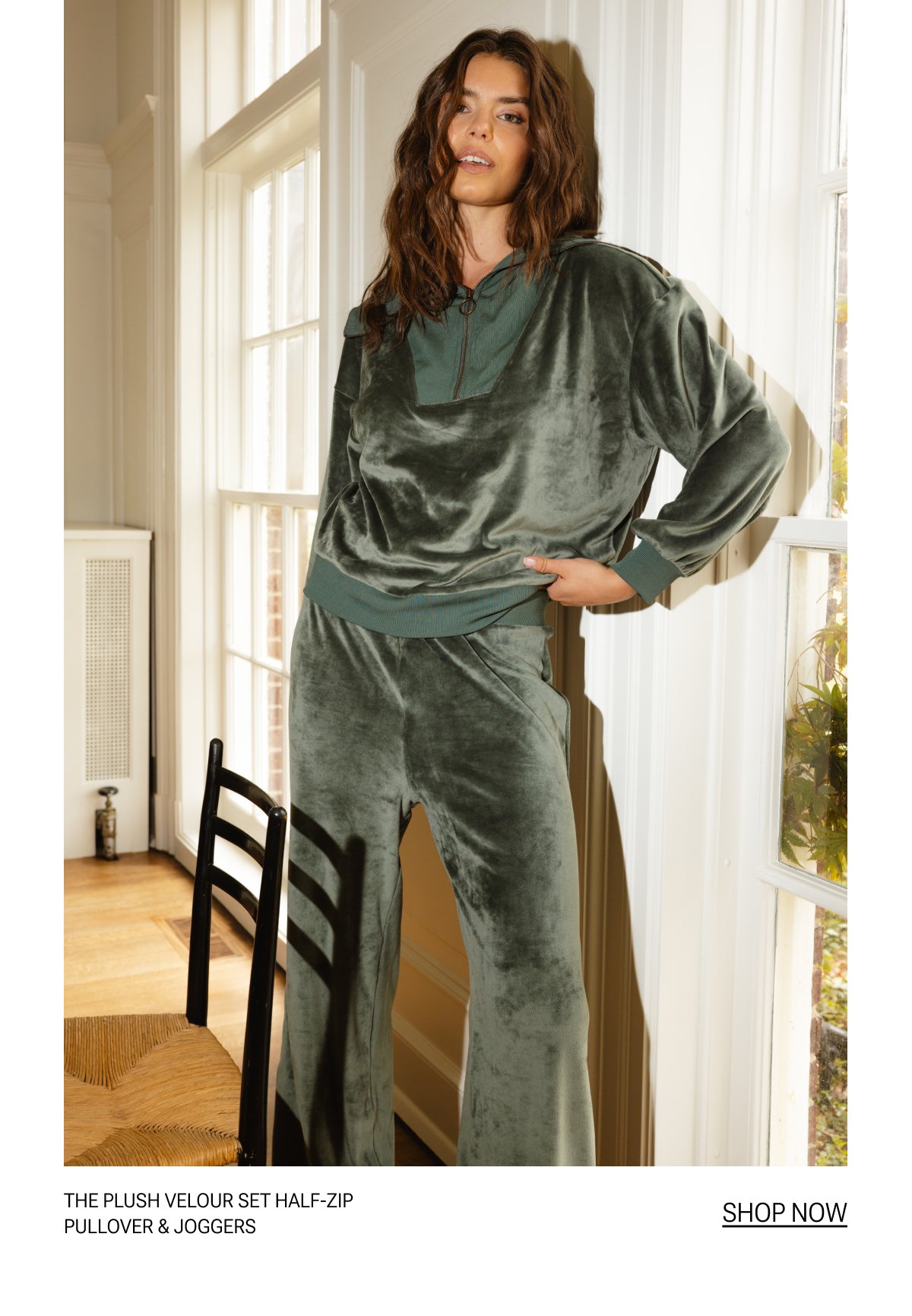 Model in olive green velour tracksuit