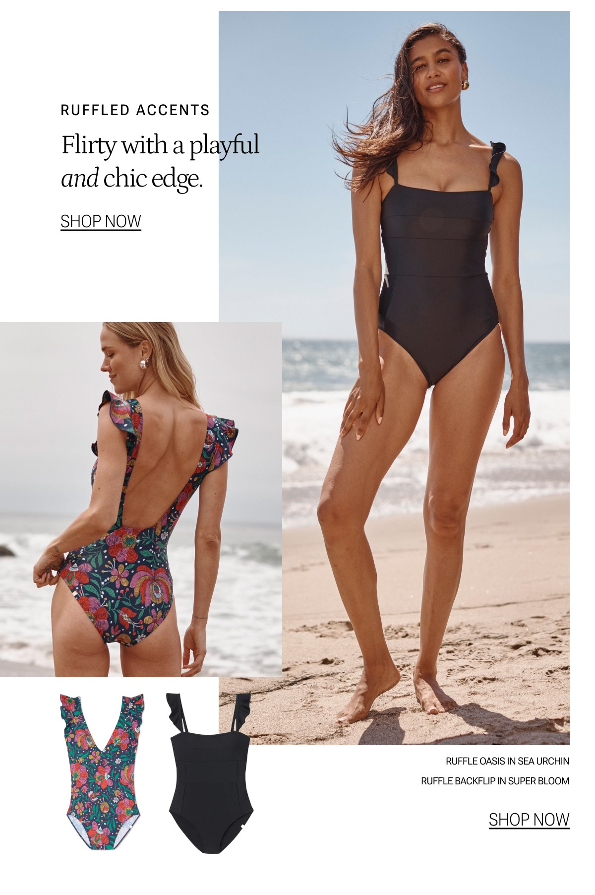 Models in ruffle one piece swimsuits