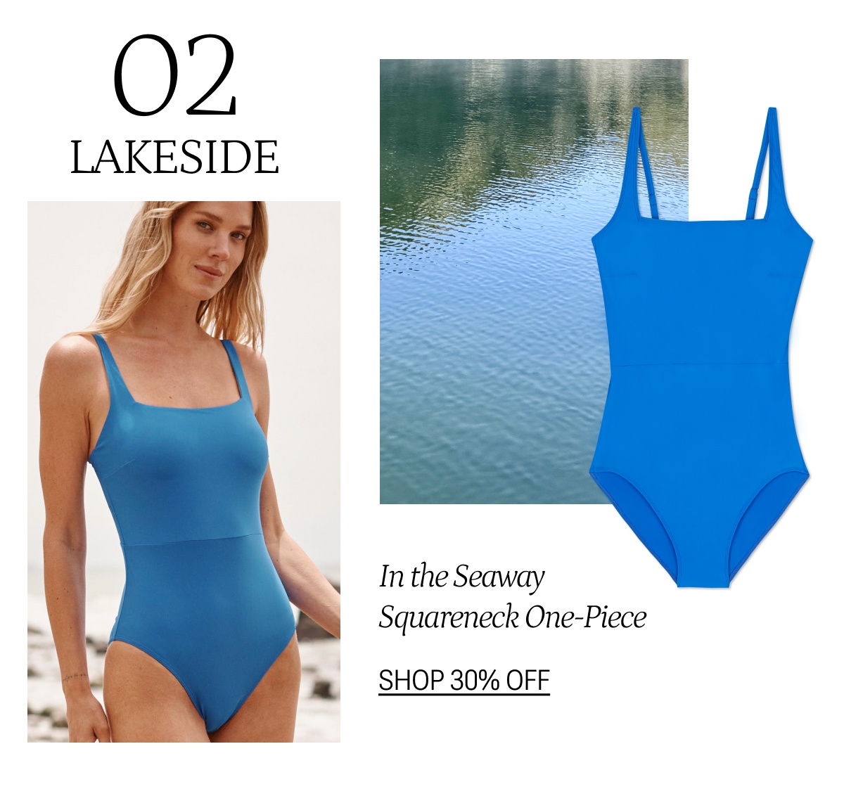 Model in blue one piece swimsuit