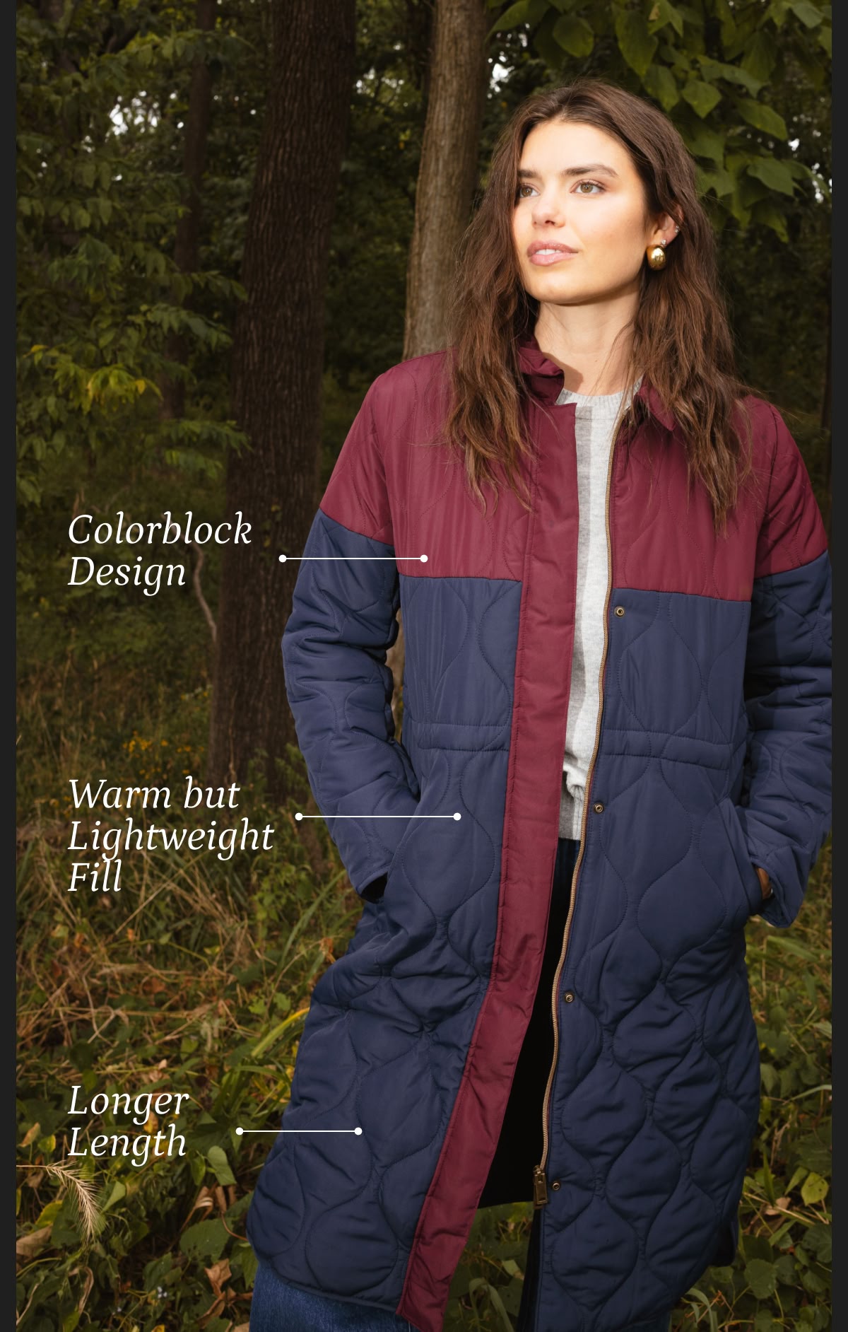 Model in navy blue and red quilted coat