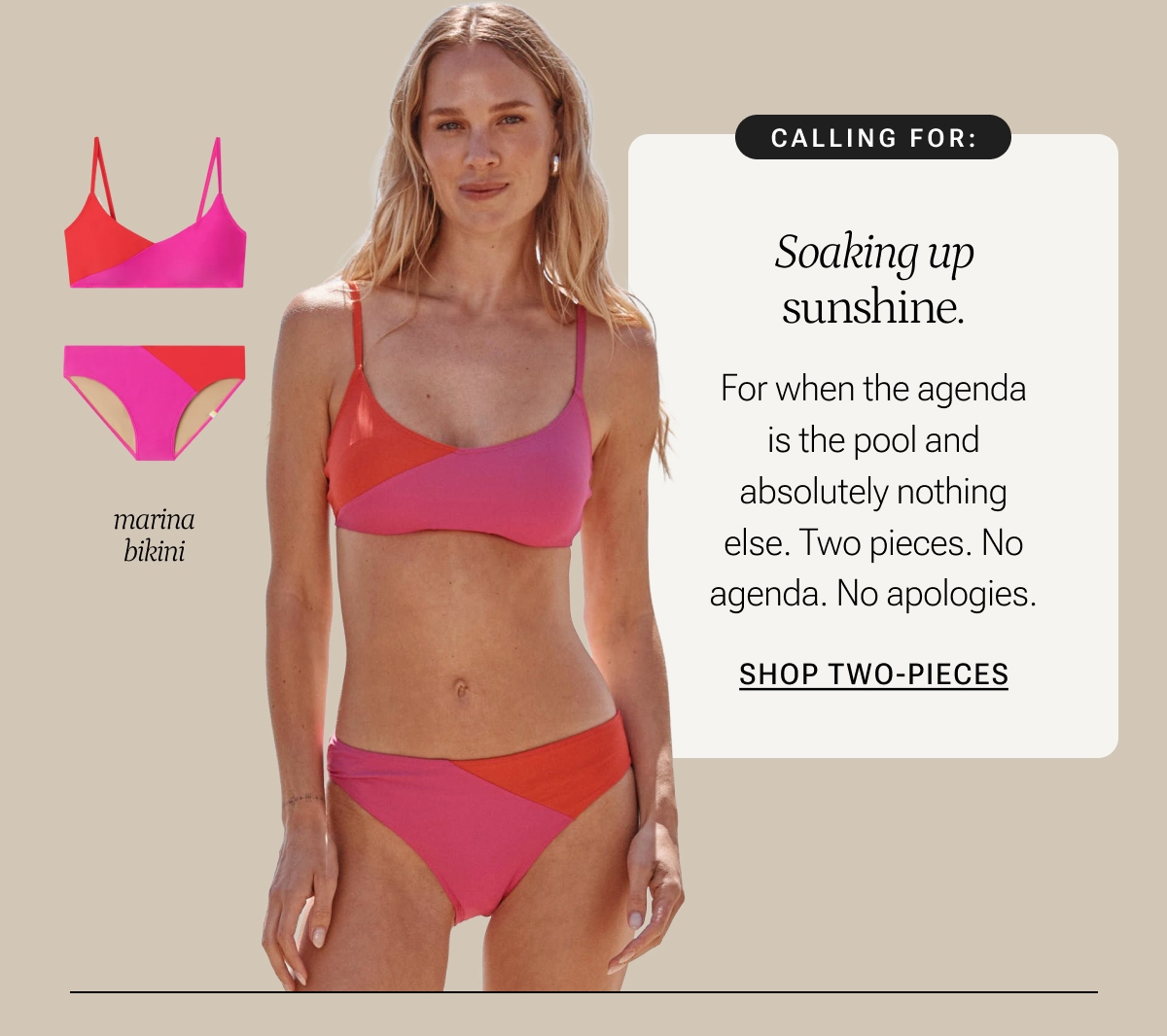 Model in pink and red bikini top and bottom