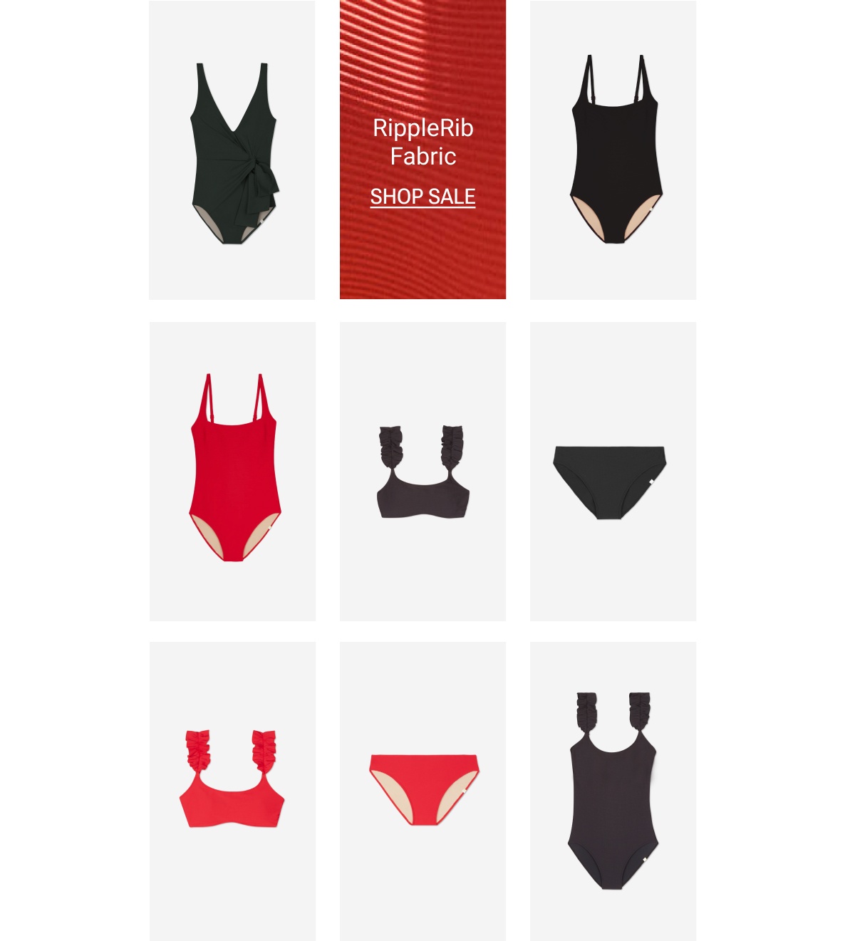 Text: RibbleRib Fabric. Shop Sale. Flatlay images of RibbleRib swimwear. 