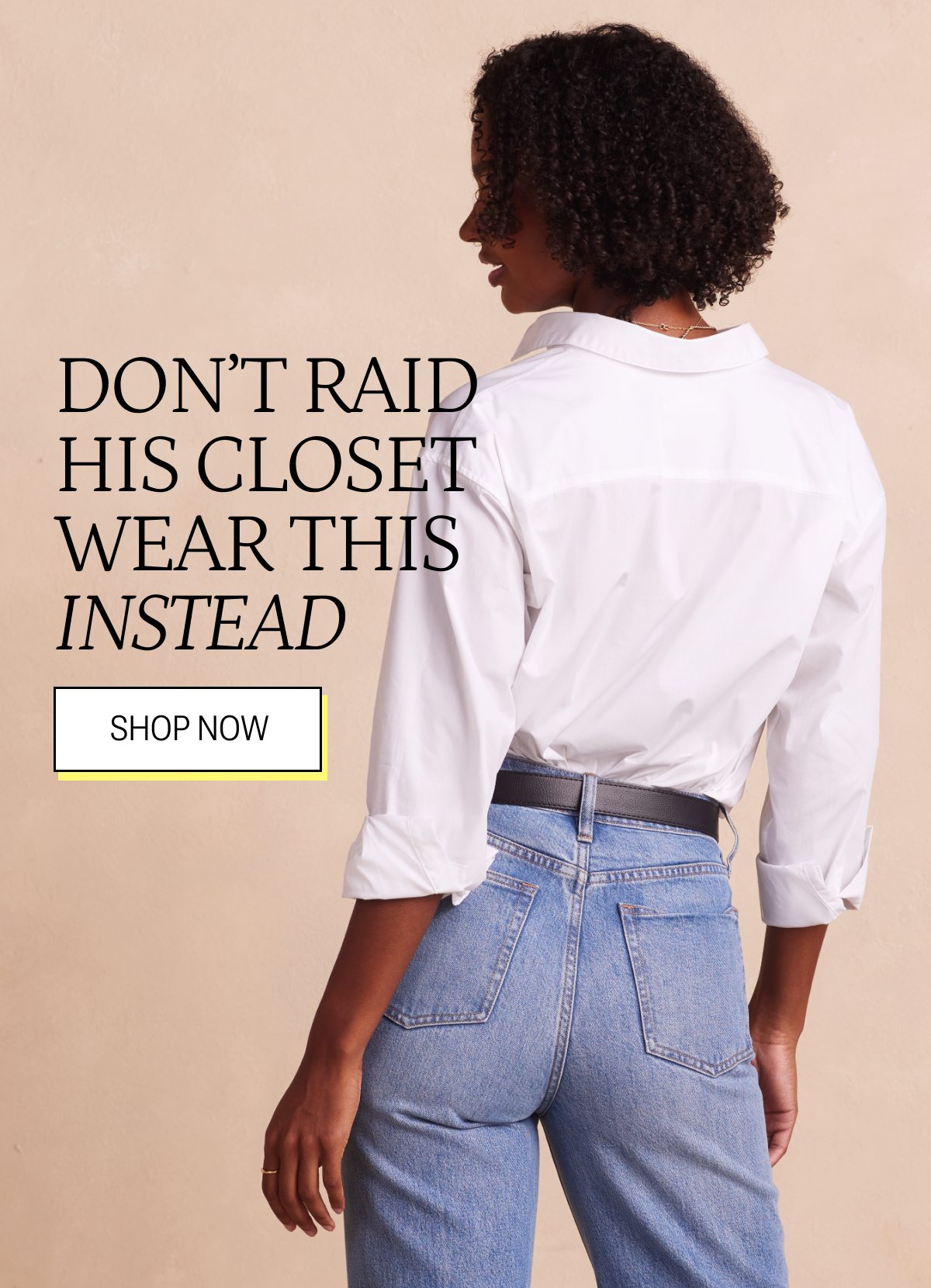 Model wearing a white button up shirt with denim