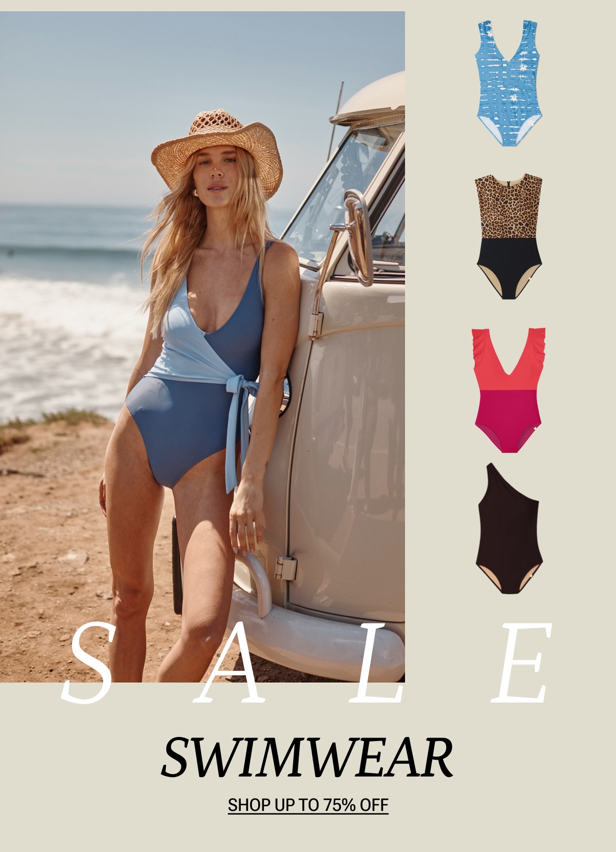 Model in blue wrap one piece swimsuit