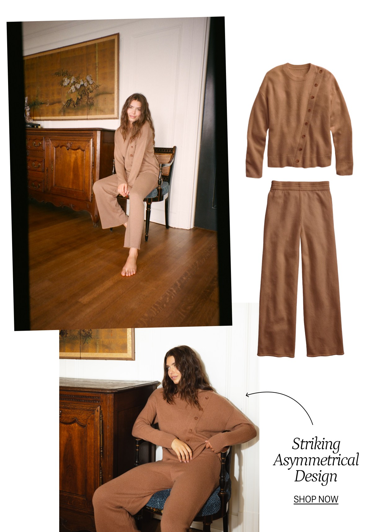 Model in cashmere crewneck and matching pant set