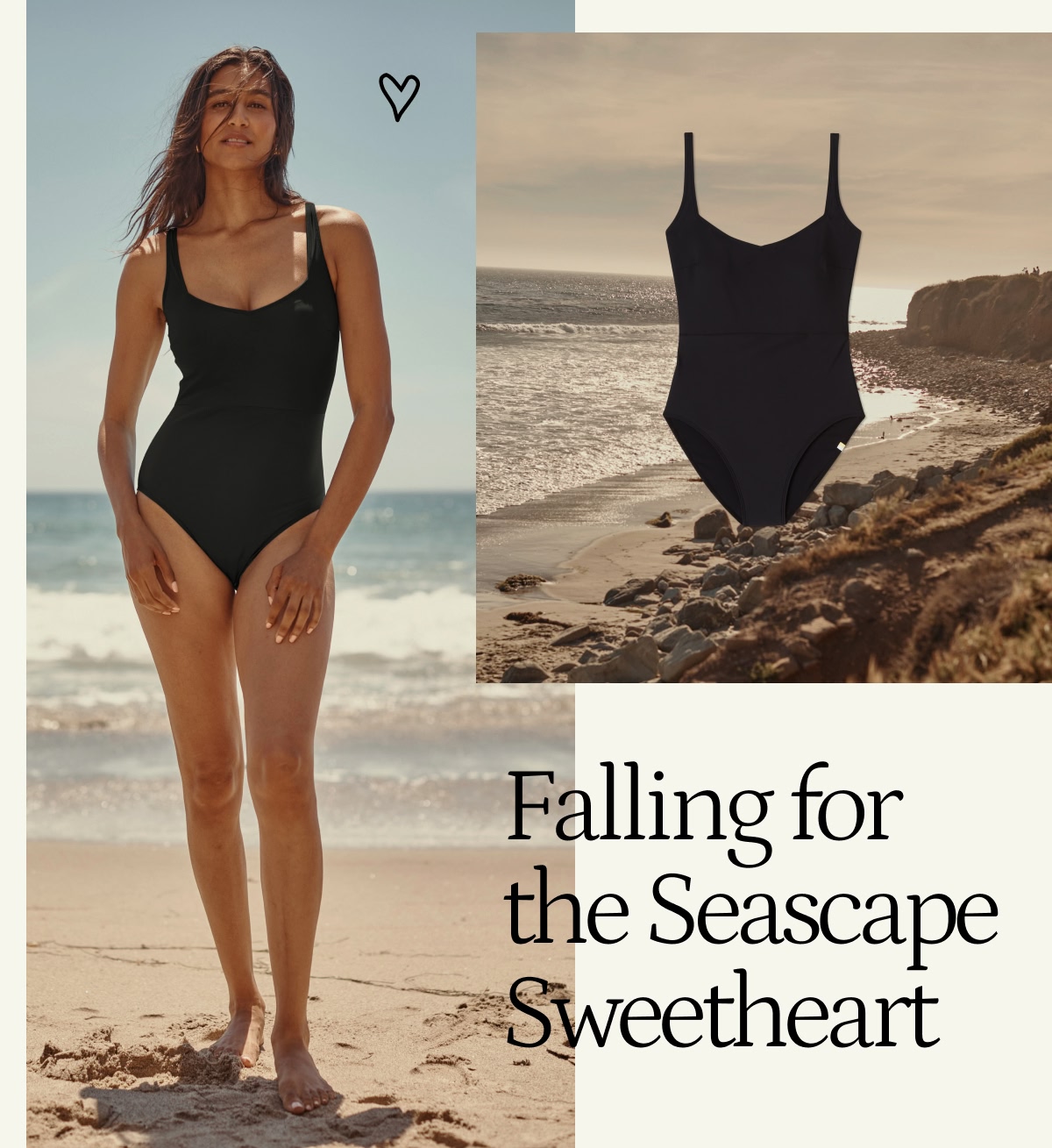 Model in black one piece swimsuit