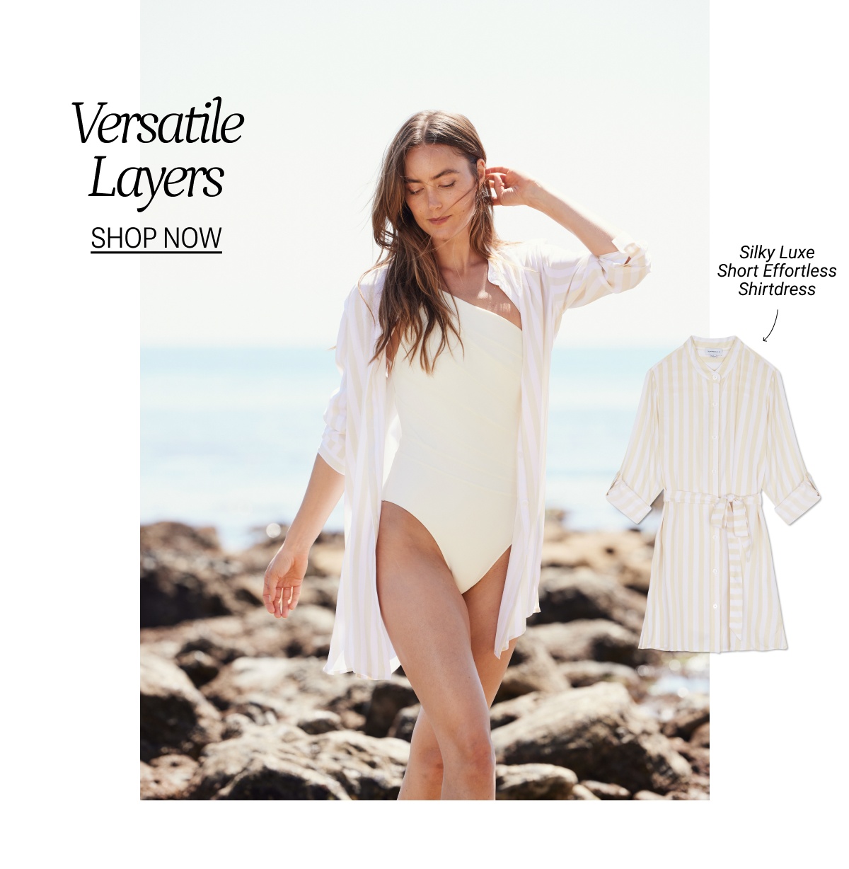 Model in cream and white striped shirtdress cover-up