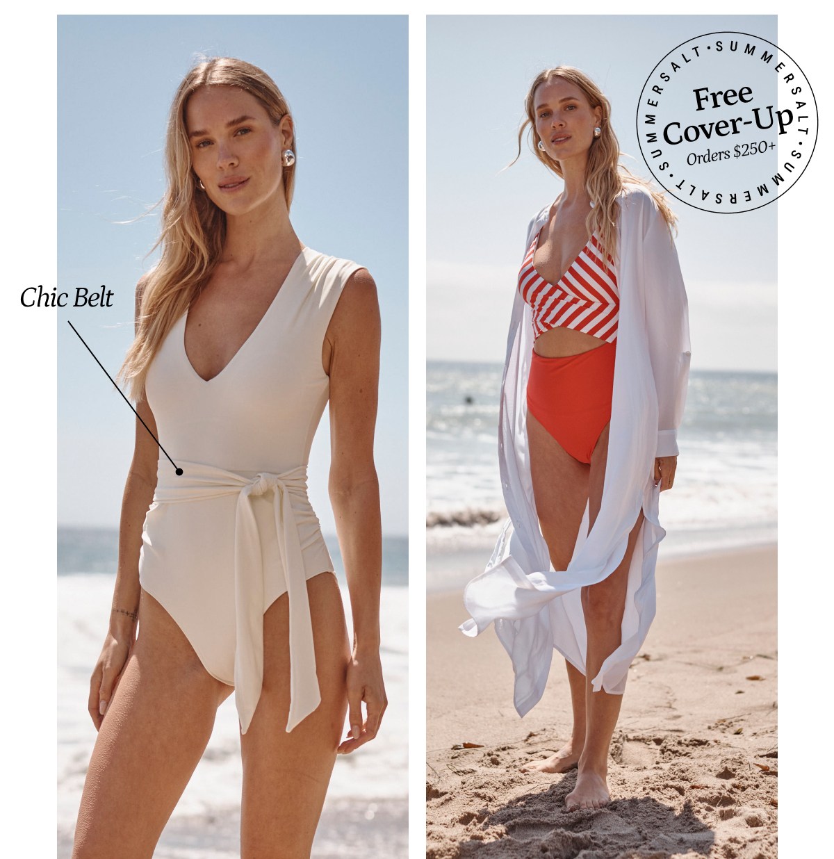 Model in white belted one piece swimsuit